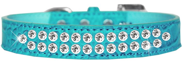 Two Row Clear Jewel Croc Dog Collar Turquoise Size 18